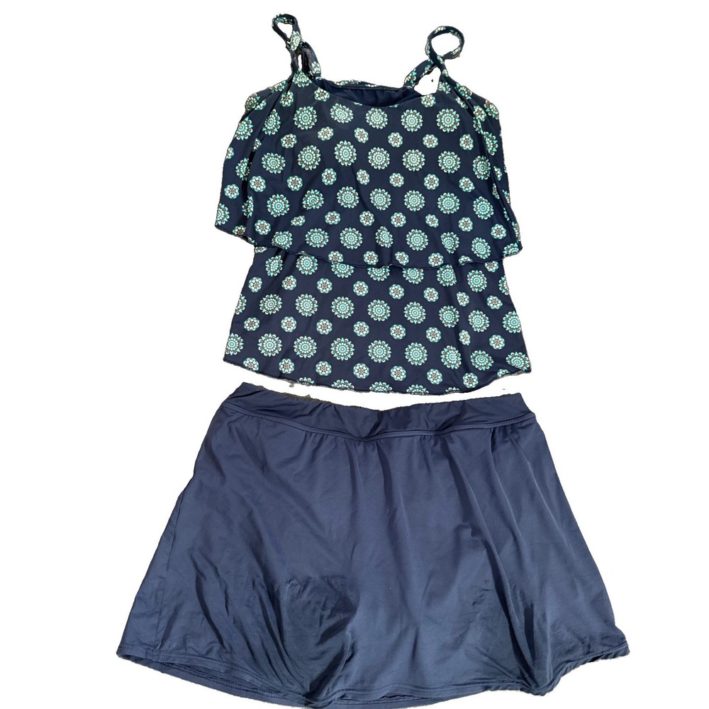 Lands' End Tankini Swim Skirt Set Navy Floral Womens 16  Tiered Shelf Bra Modest